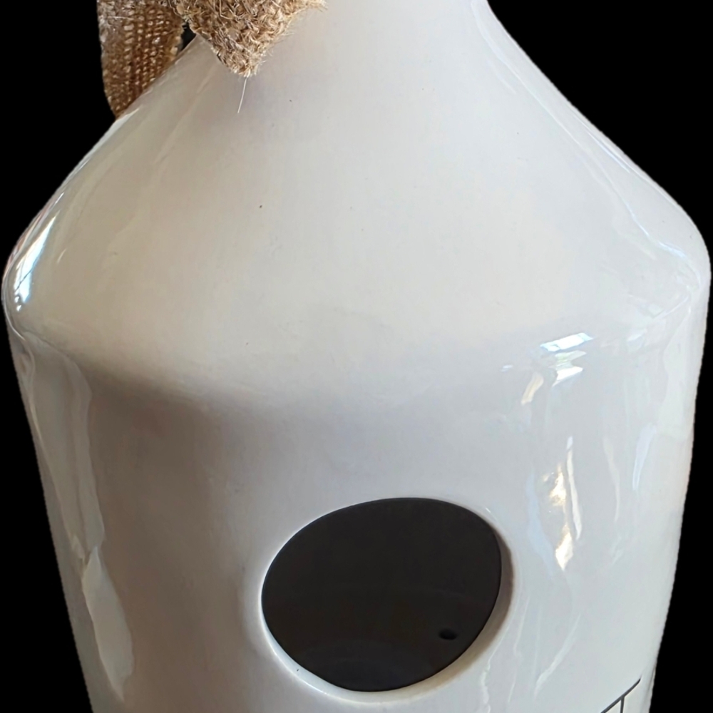 Rae Dunn White Ceramic Bottle with Nest Illustration and Burlap Tag